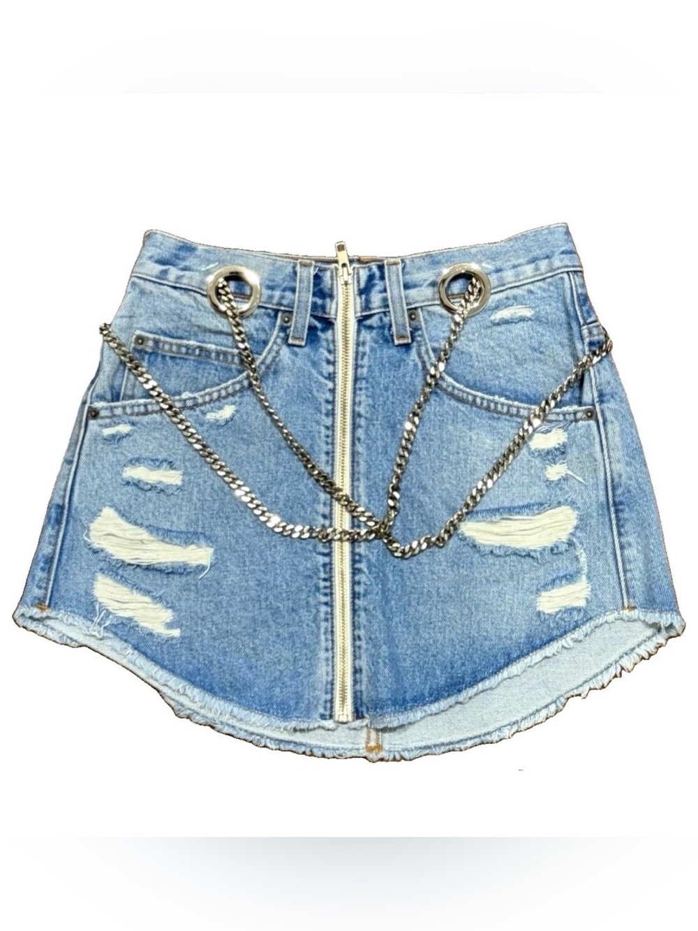 Carmar Light Blue Distressed Denim Mini Skirt with Silver Chain